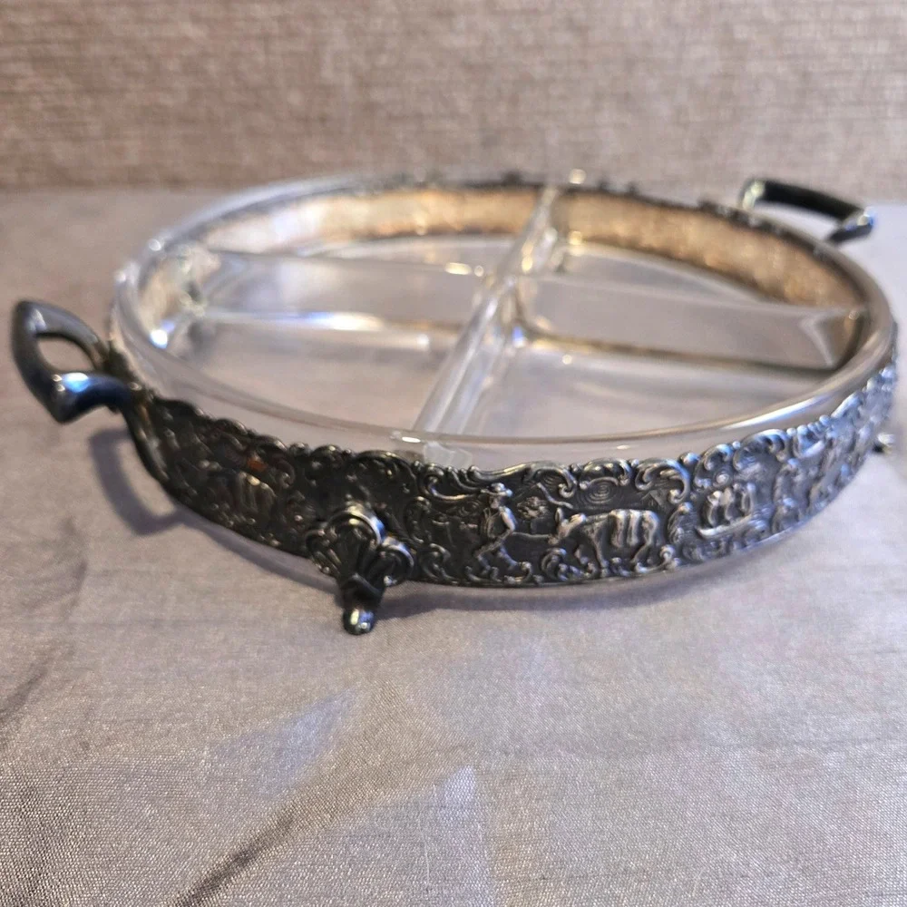 Holland Ware Vtg‎ Silver Plate Divided Footed Tray Glass Insert Dutch Scene